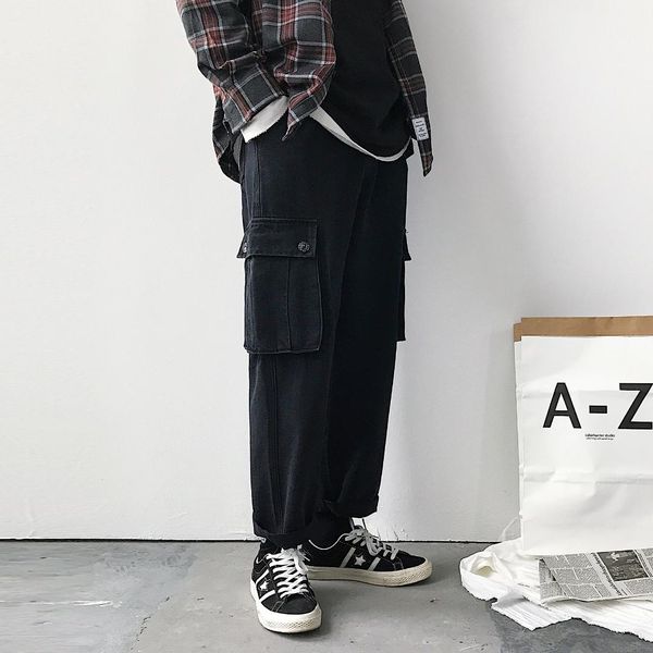 

uyuk men's jeans homme straight pants loose harajuku big pocket jeans for mens classic designer trousers casual straight pants, Blue