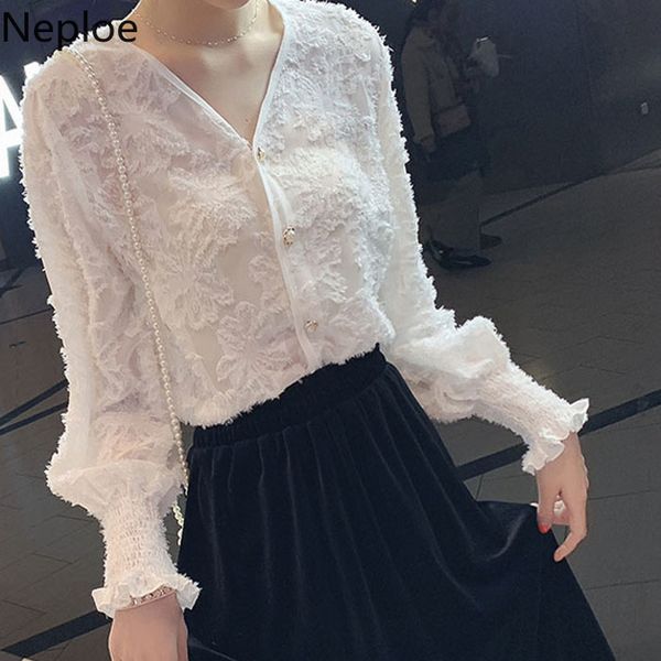 

neploe tassel lace women chiffon shirt solid v-neck flare sleeve blouse ladies fashion single breasted shirts blusas mujer 57168, White