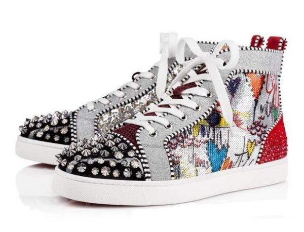 

2020 new arrived designer brand color bright beautiful spikes flats shoes red bottom shoes men women party lovers genuine leather sneakers, Black