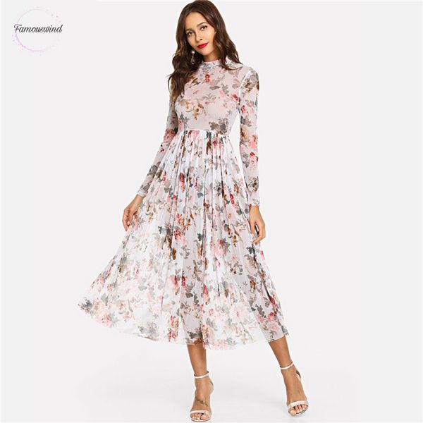 

women dresses multicolor highstreet party elegant mock neck semi sheer pleated floral a line lady dress autumn, Black;gray
