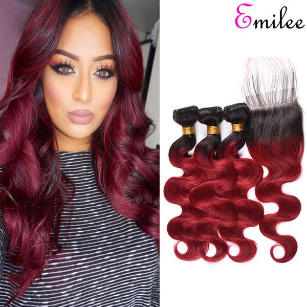 

emilee red body wave bundles with closure middle ratio indian 1b bug red human hair 3 bundles with closure ombre remy hair, Black