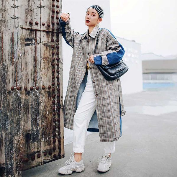 

ewq] 2020 spring autumn new pattern laple long sleeve hit colors patchwork single breasted vintage long windbreaker ag44509m, Tan;black