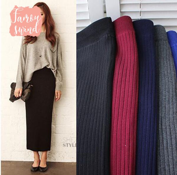 

зима женщины длинные шерстяные юбки упругие талии юбка-карандаш женщина офис осень юп урожай femme юбка e1123, Black