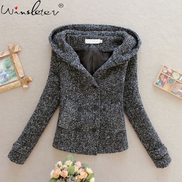 

elegant women's coat 2 pockets jackets solid color coats female outerwear autumn casual double breasted hoodie overcoat c05604b, Black