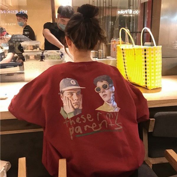 

autumn women's korean version of harajuku style retro loose letter portrait round neck pullover sweater long-sleeved shirt coat tide