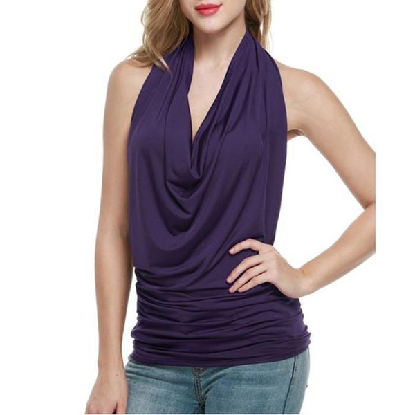 

tank women 2019 summer halter cowl solid ruched neck backless lady solid tank woman fashion tee, White
