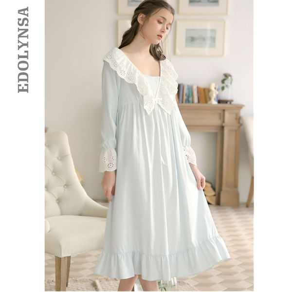 

2019 spring sleepwear women night wear home dress vintage nightgown long sleeve nightwear shawl collar blue cute nightdress t415, Black;red