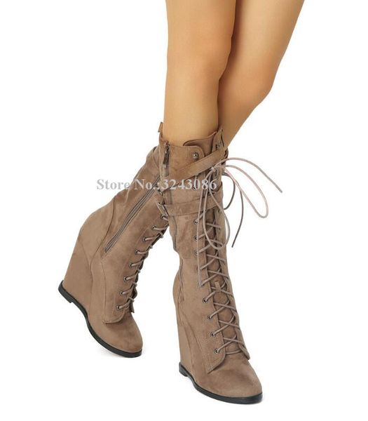 

new suede lace-up buckle strap wedge mid-calf boots women fashion design short boots lady banquet shoes dropship, Black