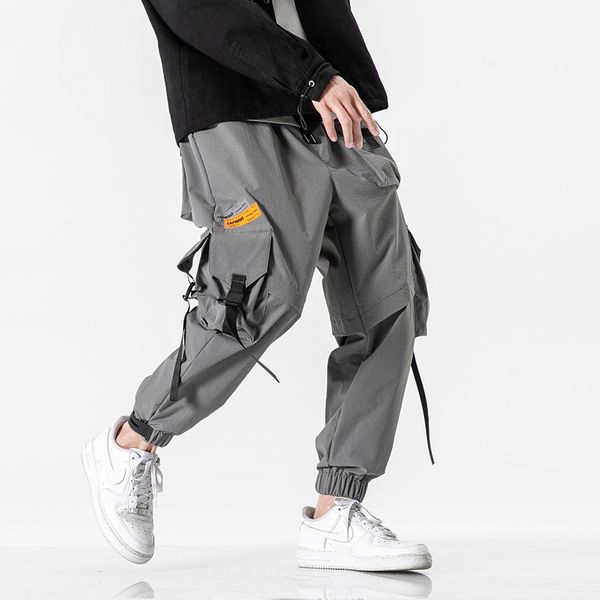 

men's pants 2021 hip hop cargo casual man ribbon sweatpants streetwear harem male harajuku style multi pocket trousers, Black
