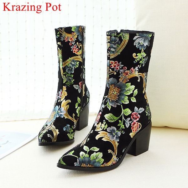 

fashion big size flock print flower high heels elegant pointed toe zip mid-calf boots nightclub party keep warm winter shoes l59, Black