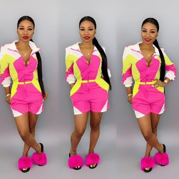 

2019 summer streetwear patchwork jumpsuit women zipper v neck long sleeve short romper, Black;white