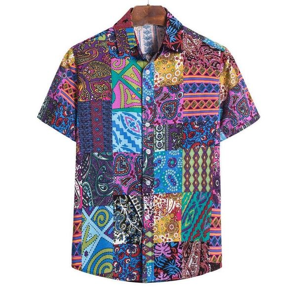 

men shirt color block fashion shirt cotton linen short sleeve casual printed hawaiian social dress male blouse chemise new, White;black