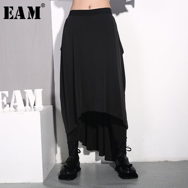 

eam] 2020 новая осень зима высокий эластичный пояс черный сыпучие личность нерегулярное стежка свободные брюки женщин брюки мода jl93, Black;white