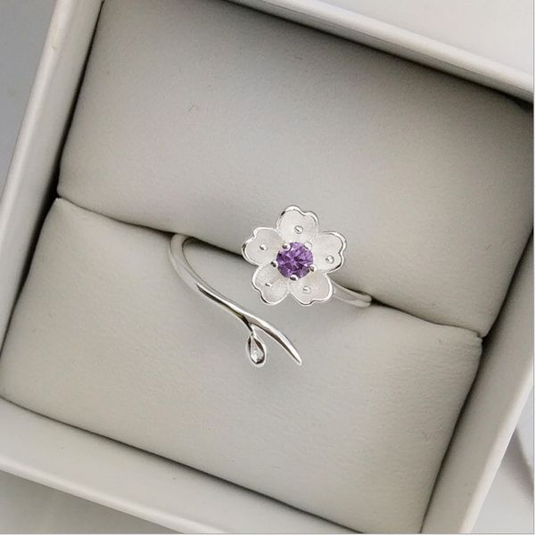 Anello di pietra femminile di lusso con grande cristallo CZ Anello in argento 925 con fiori di pesco viola carino Anelli regolabili da sposa Anello di fidanzamento con promessa