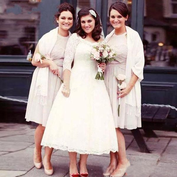 

lovely lace tea length wedding dresses with sleeves 2019 a-line bridal sweetheart buttoned zipper garden wedding dress vestido de bridal, White