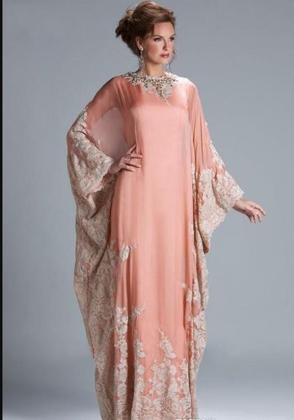 2019 Neues Chiffon-Kaftan-Dubai-arabisches Abendkleid mit langen Ärmeln, Applikationen, Spitze, tailliert, muslimische Kleider für die Brautmutter in Übergröße