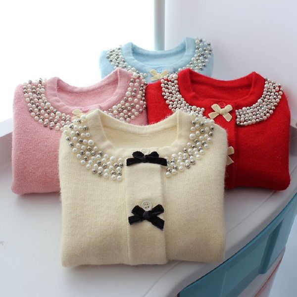 

christmas jacket for girls sweater autumn winter cardigan woolen children sweater knitted bow pearl girls clothes outerwear, Blue