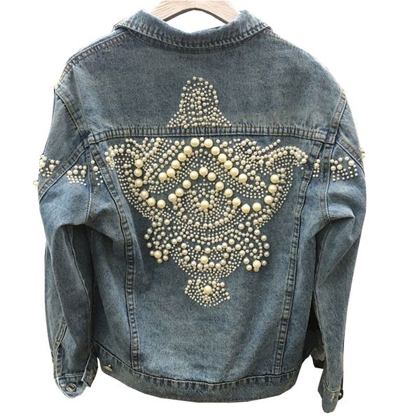 

2019 spring long sleeve pockets denim jackets vintage women jean jacket pearls beading women loose basic outerwear female 69, Black;brown