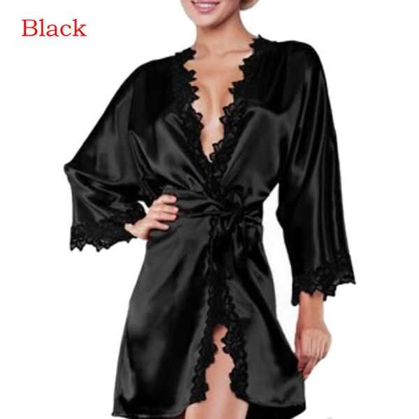 

summer bridesmaid nightwear wedding dressing gown lace silk kimono bathrobe women short satin bride robe, Black;red