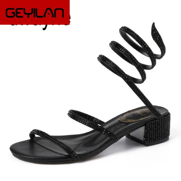 

2019 summer women sandals fashion rhinestone mid heel tied party breathable comfort shopping woman walking casual shoes 23, Black