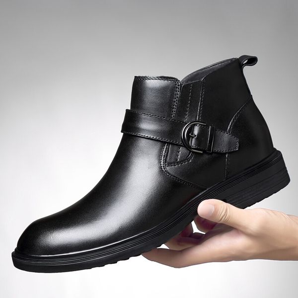 

2019 men genuine leather winter boots plus velvet warm snow men boots ankle for business dress shoes, Black