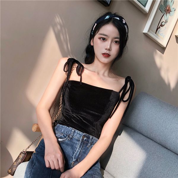 

korean style off shoulder spaghetti strap bow tied belt tanks camis fashion brand women clothing summer new aesthetic, White