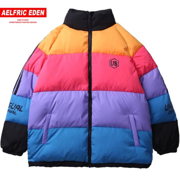 

aelfric eden color block winter thick mens parkas harajuku rainbow hip hop windbreaker streetwear warm jackets coat outwear un11, Black