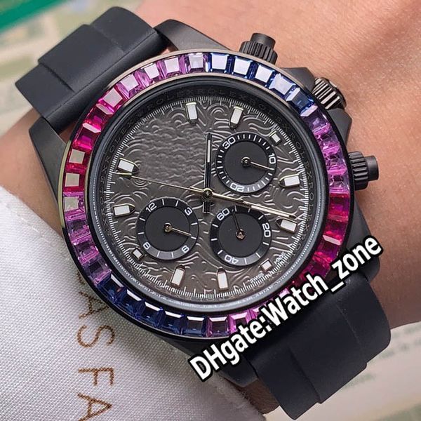 Nuova cassa in acciaio nero PVD 116598 Quadrante in rilievo nero Orologio automatico da uomo Cinturino in caucciù Orologio da uomo con lunetta con diamanti arcobaleno Watch_Zone 2 colori