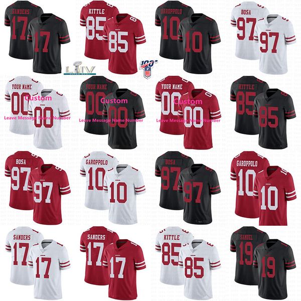

custom francisco youth womans mens 49er 85 george kittle 10 jimmy garoppolo 97 nick bosa 17 emmanuel sanders super bowl liv football jerseys, Black;red
