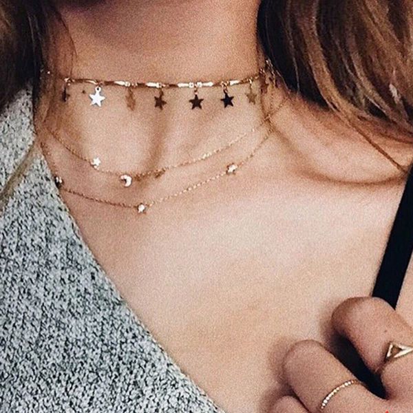 

new dainty gold color chain tiny star choker necklace for women bijou necklaces pendants simple boho layering chokers chockers, Golden;silver
