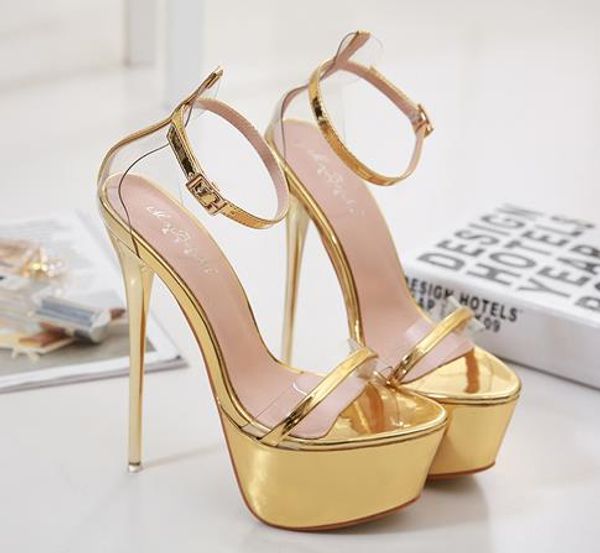 

16 см сексуальные свадебные туфли золотые каблуки женщина дизайнер сандалии на вы