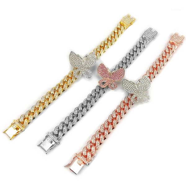 

hip hop mosaic zircon bracelet pink butterfly cuban bracelet for men and women jewelry accessories, Black