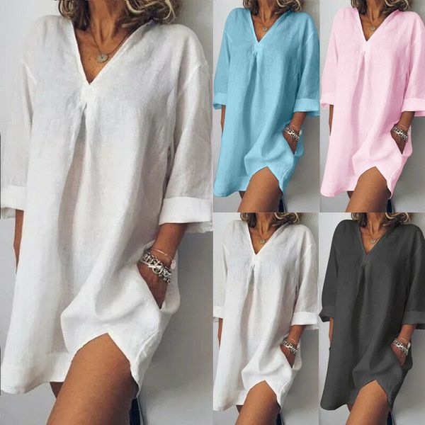 

women three-quarter sleeve dress solid v neck casual pocket loose dresses, Black;gray