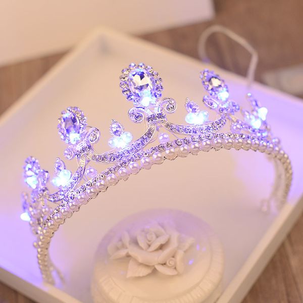 

baroque light crowns glitter imitation pearls queen princess tiara bride glowing crown girls party wedding women hair accessory, Golden;white