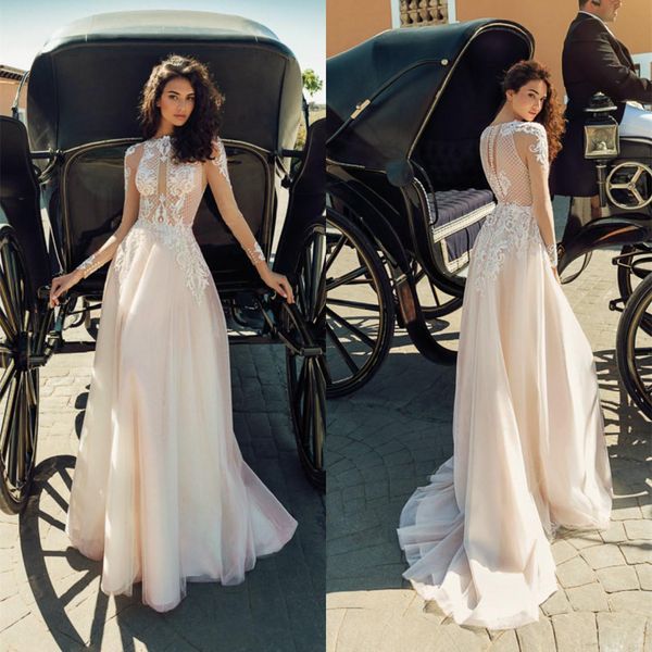 

beach romantic a line wedding dresses long sleeves lace appliques bridal gowns illusion sweep train wedding dress bridal gowns, White