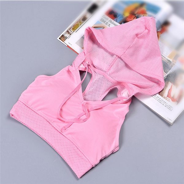 

pink pulling rope shockproof sports bra gym hoodie yoga running bra women fitness sport tanks with hat sujetador bralet, White;black