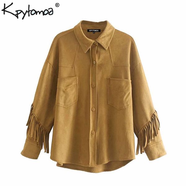 

vintage stylish faux suede fringed jacket coat women 2019 fashion lapel collar long sleeve tassel loose outerwear chic, Black;brown