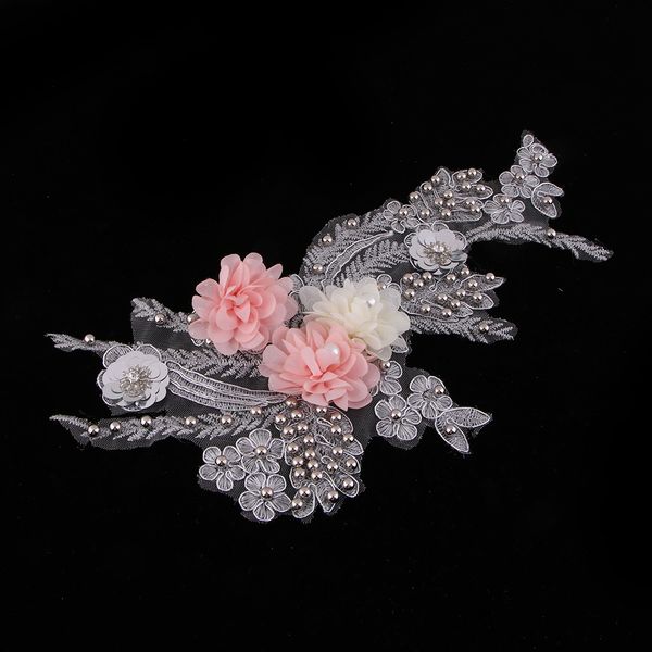 

3d floower embroidered patches nail bead tulle applique for clothing wedding dress diy decoration, Black
