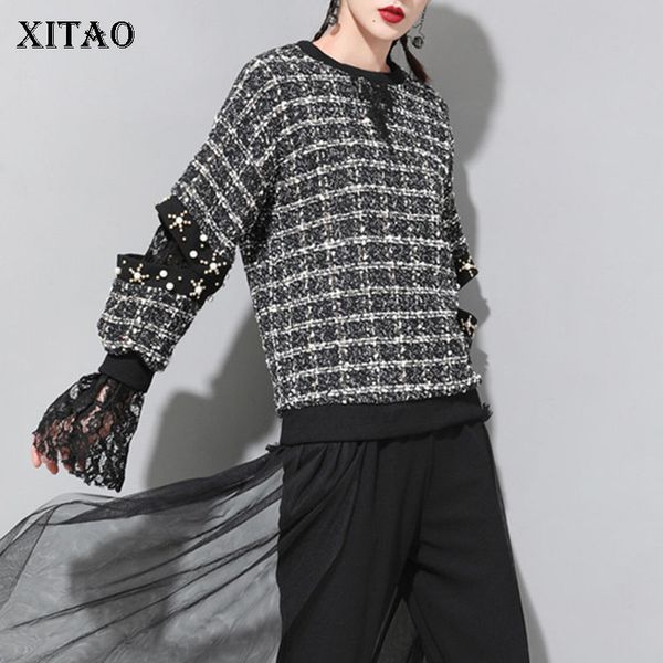 

xitao] korea fashion new women 2019 spring summer o-neck full sleeve female plaid pullover casual sweatshirt zll3331, Black