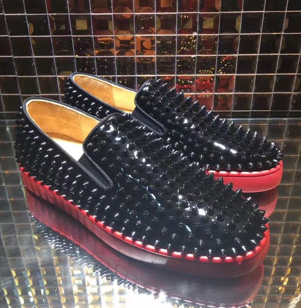

luxurious many color spikes roller boat genuine leather slip on sneaker shoes for women,men red bottom outdoor casual walking shoes with box, Black
