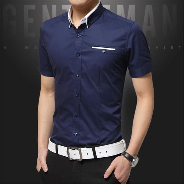 

lapel neck slim solid color mens shirts with pockets short sleeve mens casual shirts business teenager handsome, White;black