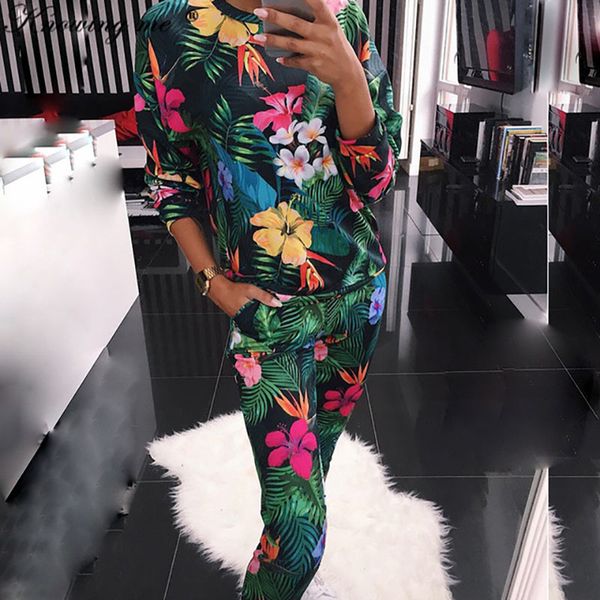 

2019 spring floral print tracksuit set women autumn animals plant print two piece sets long sleeve hoodies sweatshirt 2pcs sets, White