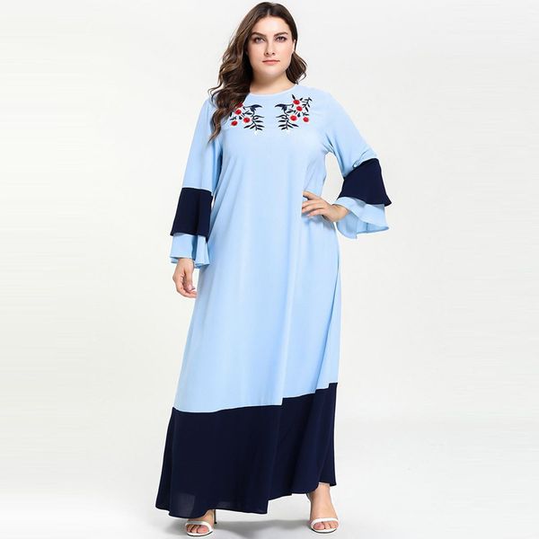 

fashion long sleeve muslim dress plus size embroidery patch flare sleeve kaftan moroccan arabic dress vestidos light blue 4xl, Red