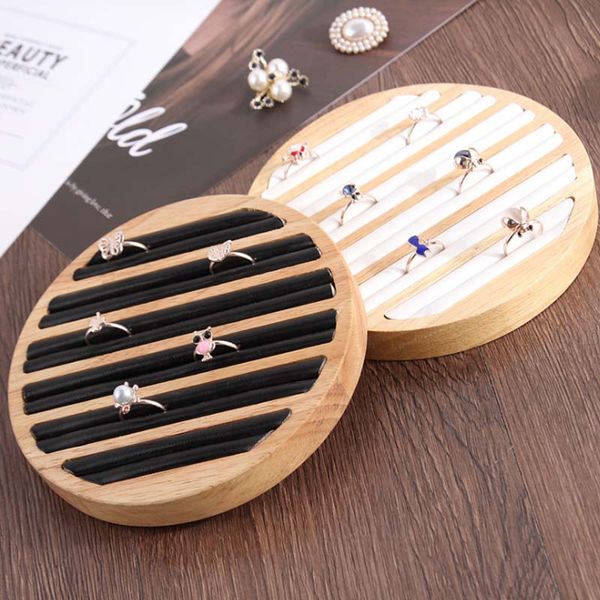 

mordoa portable wood+pu ring insert jewelry display tray holder stand case trinket shop presentation organizer storage box, Pink;blue