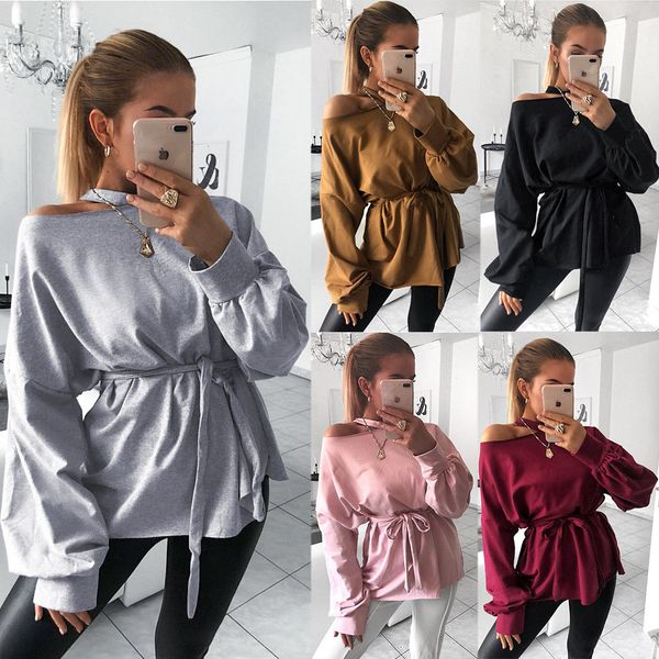 

2019 новый стиль мода горячие женщины одно плечо блузка с длинным рукавом холтер вскользь сыпучие твердые рубашки tops, White