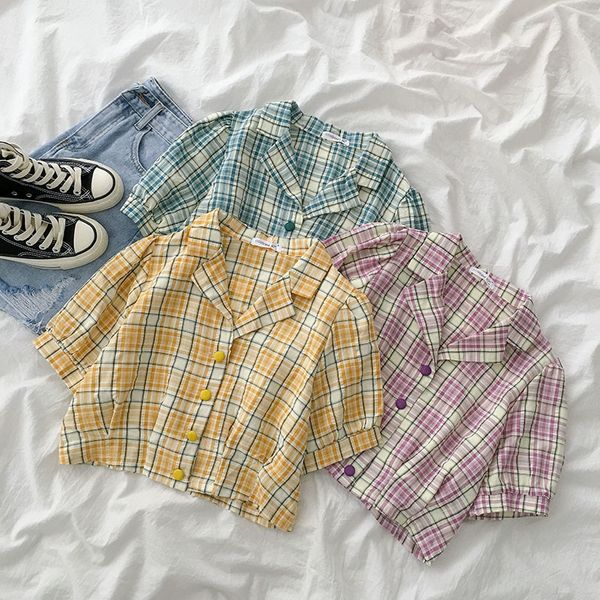 

plaid ins shirt 1 new women's korean-style retro all-match business suit collar single-breasted short shirt, White