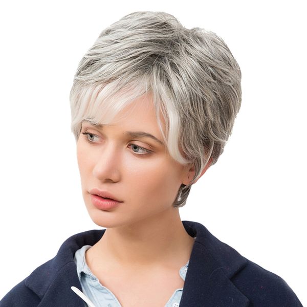 

10 inches women short 100% real human hair wigs with cap heat resistant gray, Black