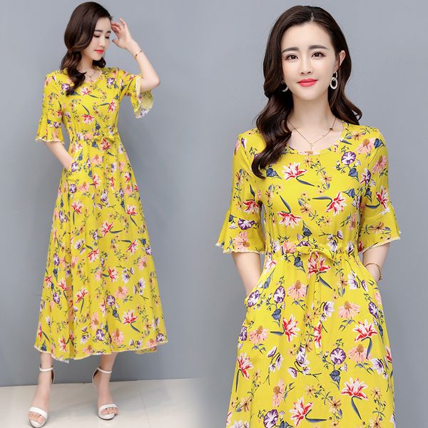 

wholesale new summer dress faux cotton silk dress women's long section over the knee was thin floral mother skirt, Black;gray