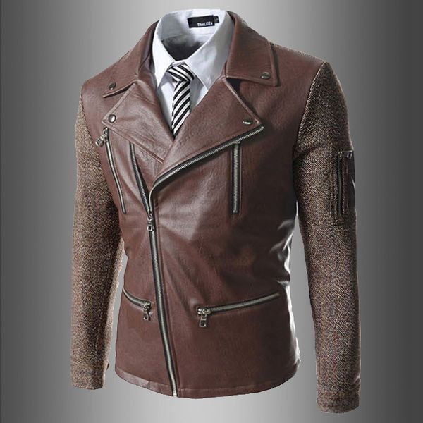

2019 весна и осень новая внешняя торговля мода соответствия цветов молния корейский мужской тонкий лацкан кожаная куртка 728, Black;brown