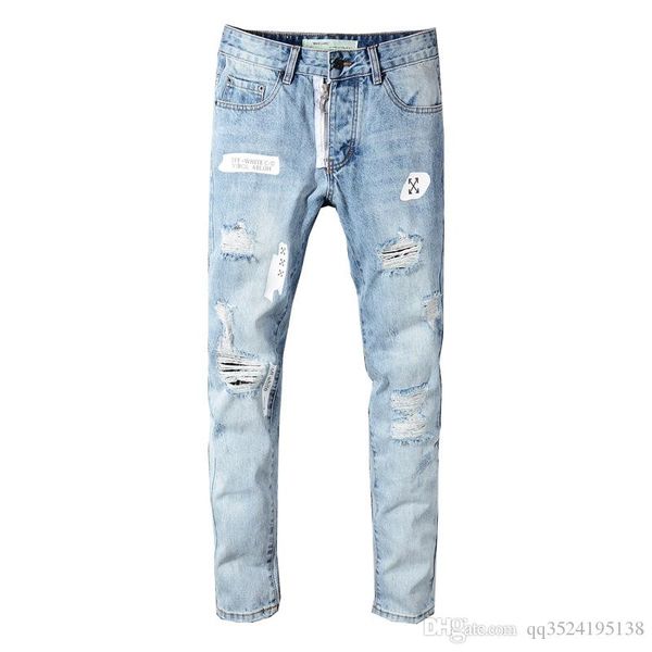 

мода огорчил джинсы мужские модельером ностальгические светло-голубой печати тонкий хип-хоп белые маленькие джинсы для ног, Blue